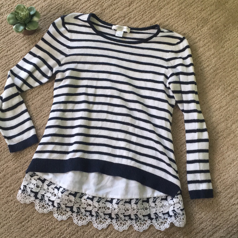 🤩BOGO.  Stripe sweater with lace detail